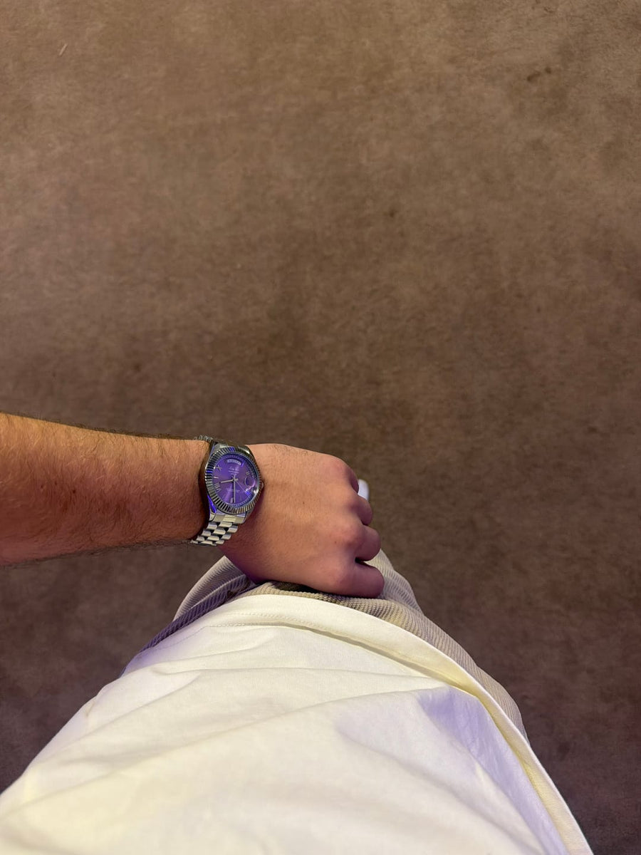 Customer wearing a purple dial Lumora watch